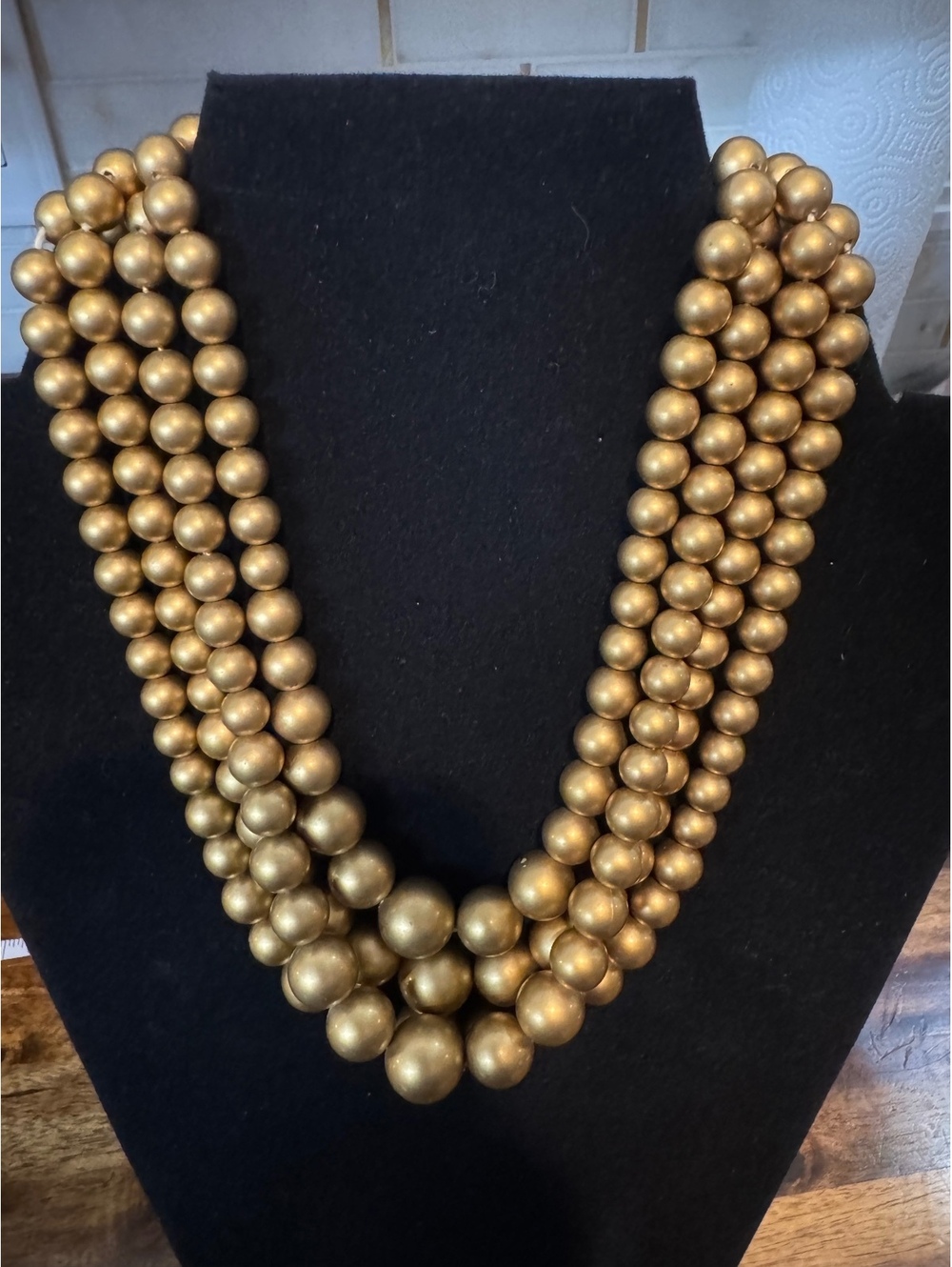 Vintage Triple Strand Gold Beaded Necklace Multi Strand